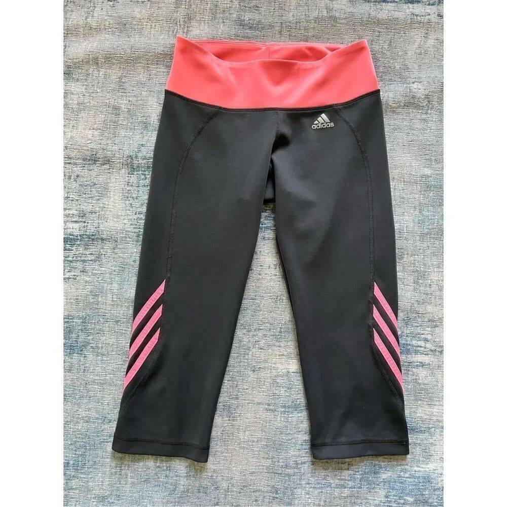 Adidas Black Peach Pink Climalite Cropped Athletic Leggings Medium